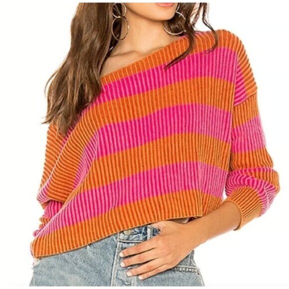 Free People Sweaters - Free People Oversized Cropped Sweater Size Large Orange Pink Stripe Berry Combo